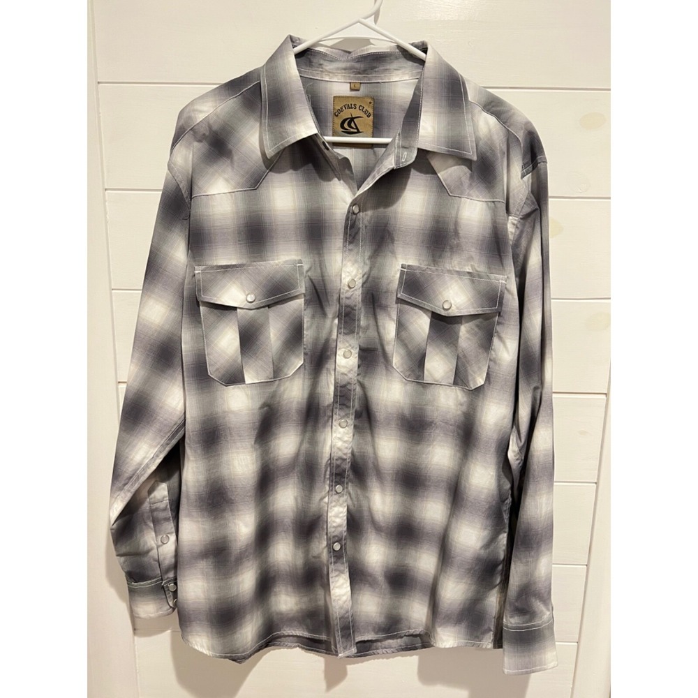 MENS COEVALS CLUB GRAY WHITE PLAID LONG SLEEVE PEARL SNAP WESTERN SHIRT LARGE